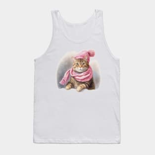 Adorable cute Cat wearing a pink hat and scarf Tank Top